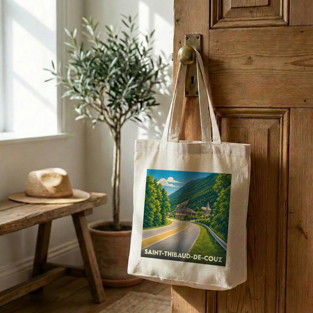 Tote bag souvenir de la ville de Saint-Thibaud-de-Couz avec une illustration stylisée.