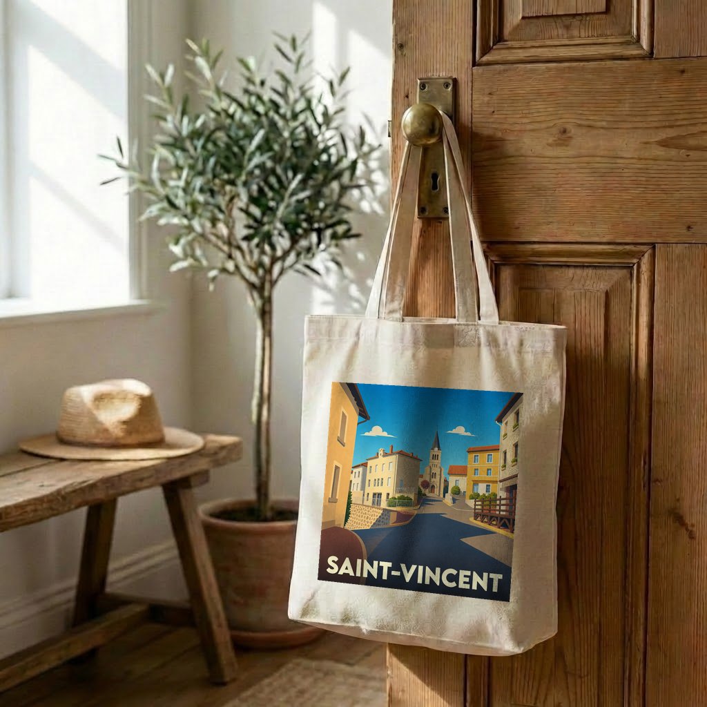 Tote bag souvenir de la ville de Saint-Vincent avec une illustration stylisée.