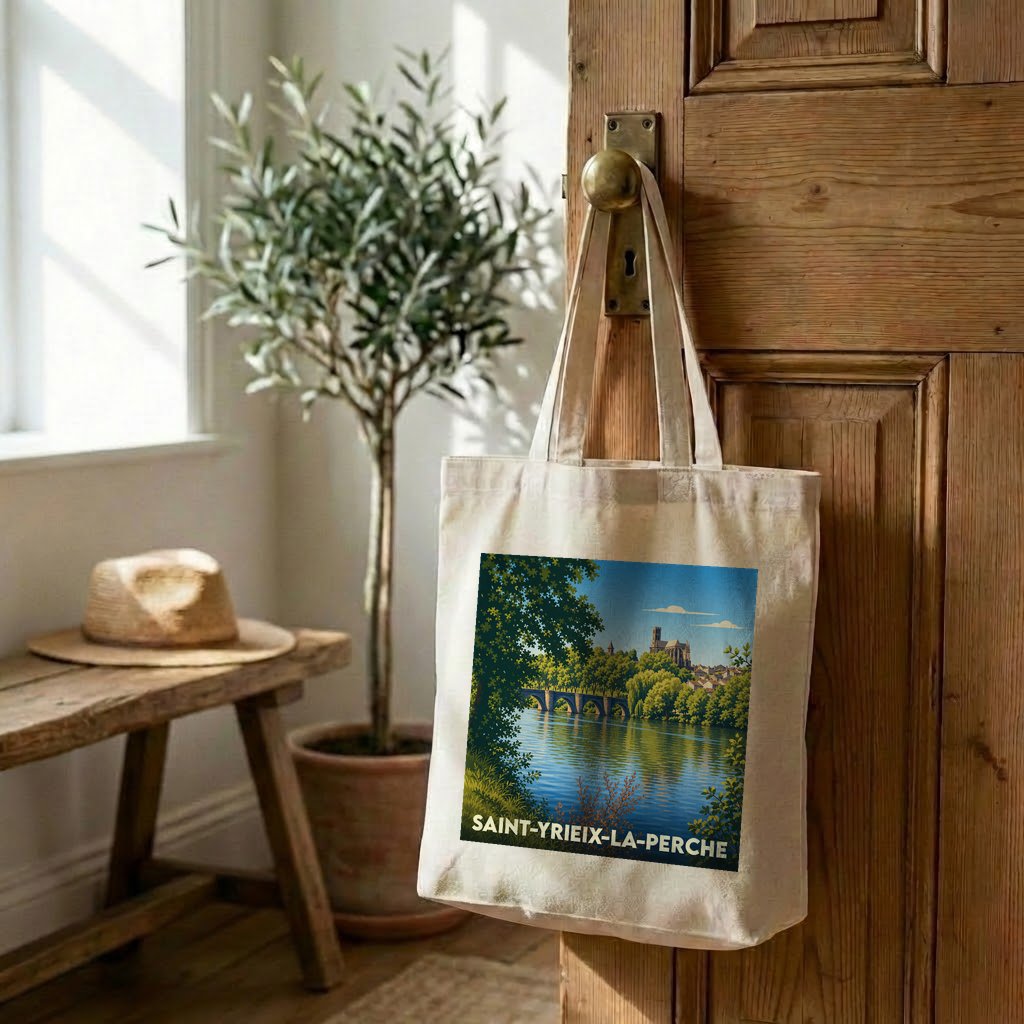 Tote bag souvenir de la ville de Saint-Yrieix-la-Perche avec une illustration stylisée d'un paysage fluvial.