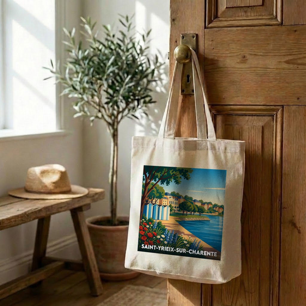 Tote bag souvenir de Saint-Yrieix-sur-Charente orné d'une illustration stylisée de son plan d'eau.