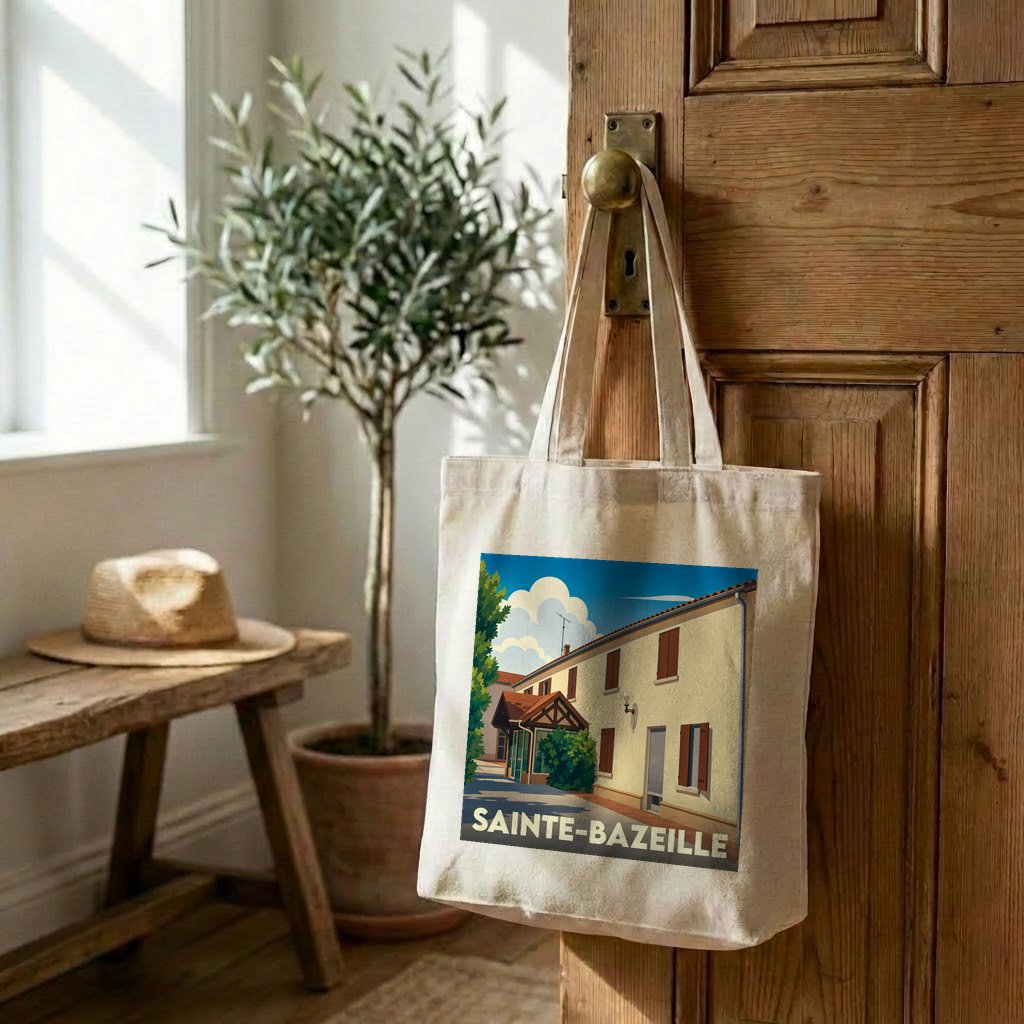 Tote bag souvenir de la ville de Sainte-Bazeille avec une illustration stylisée.