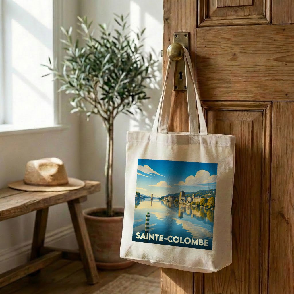 Tote bag souvenir de la ville de Sainte-Colombe orné d'une illustration paysagère stylisée.