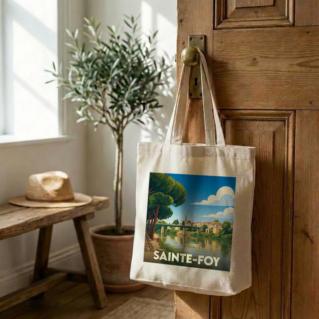Tote bag souvenir de la ville de Sainte-Foy avec une illustration stylisée d'un paysage fluvial.