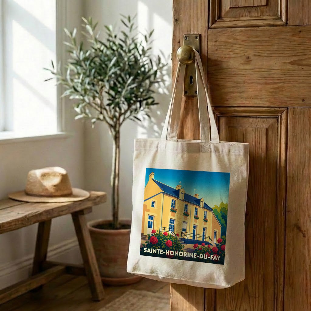Tote bag souvenir de la ville de Sainte-Honorine-du-Fay avec une illustration colorée.