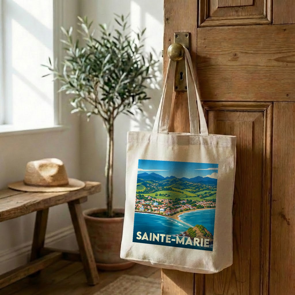 Tote bag souvenir de la ville de Sainte-Marie avec une illustration stylisée de son littoral.