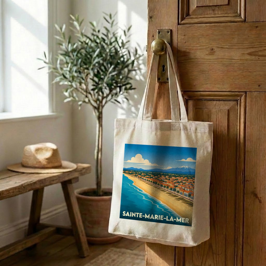 Tote bag souvenir de la ville de Sainte-Marie-la-Mer avec une illustration stylisée.