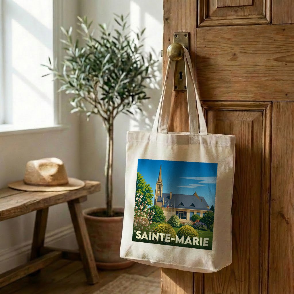 Tote bag souvenir de la ville de Sainte-Marie avec une illustration stylisée d'un bâtiment emblématique.