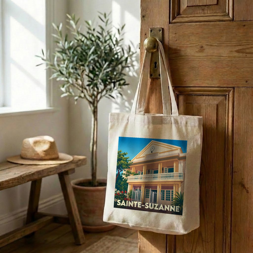Tote bag souvenir de la ville de Sainte-Suzanne avec une illustration stylisée d'un bâtiment historique.