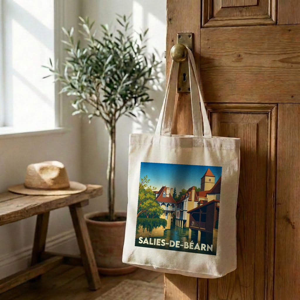 Tote bag souvenir de la ville de Salies-de-Béarn avec une illustration stylisée.