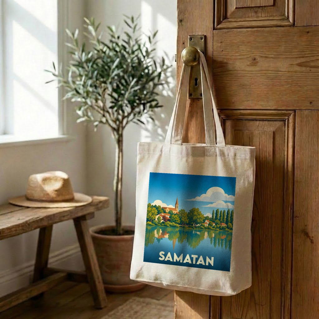 Tote bag souvenir de la ville de Samatan avec une illustration stylisée d'un paysage lacustre.