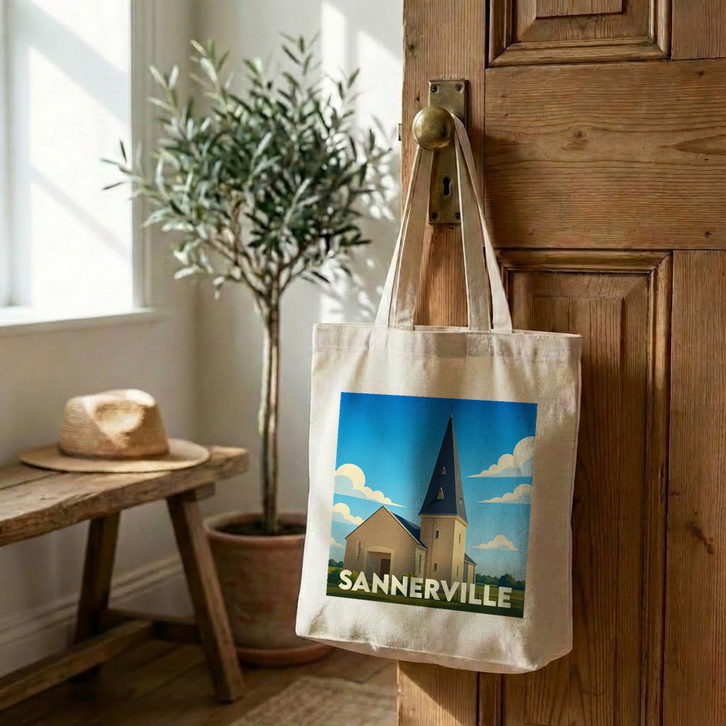Tote bag souvenir de la ville de Sannerville avec une illustration stylisée de son église.