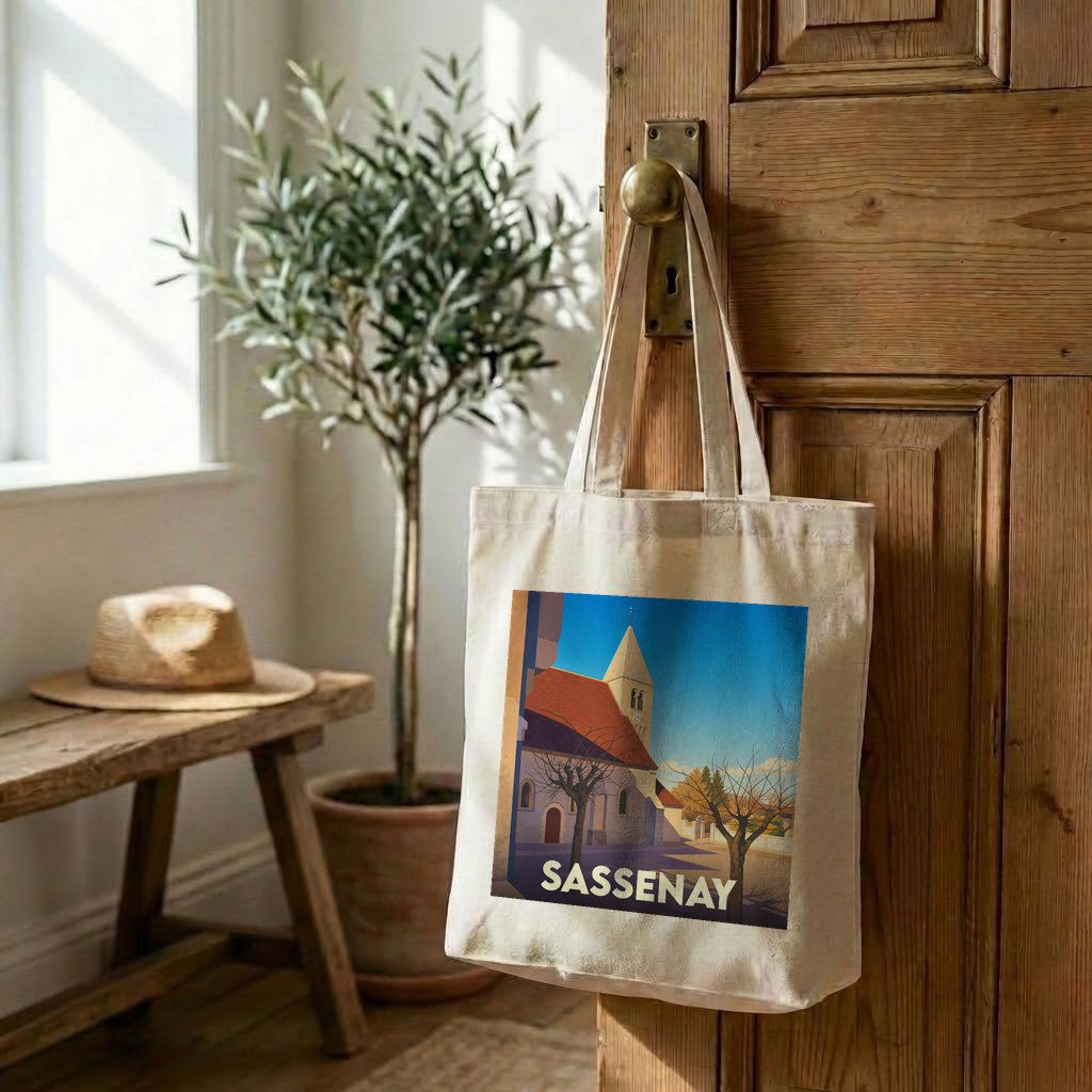 Tote bag souvenir de la ville de Sassenay avec une illustration stylisée d'une église.