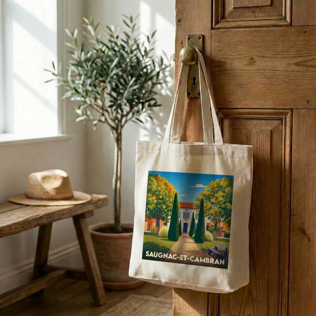 Tote bag souvenir de la ville de Saugnac-et-Cambran avec une illustration stylisée.