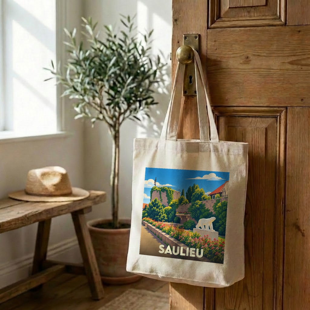 Tote bag souvenir de la ville de Saulieu avec une illustration stylisée.