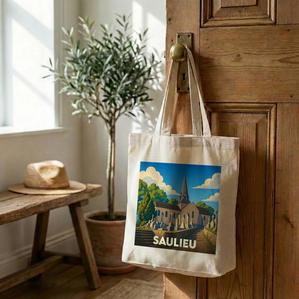 Tote bag souvenir de la ville de Saulieu avec une illustration stylisée.