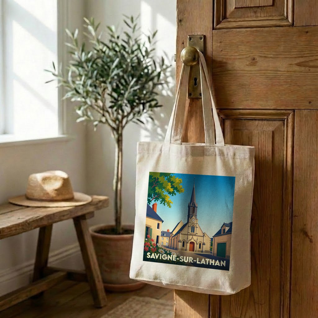Tote bag souvenir de la ville de Savigné-sur-Lathan avec une illustration stylisée.