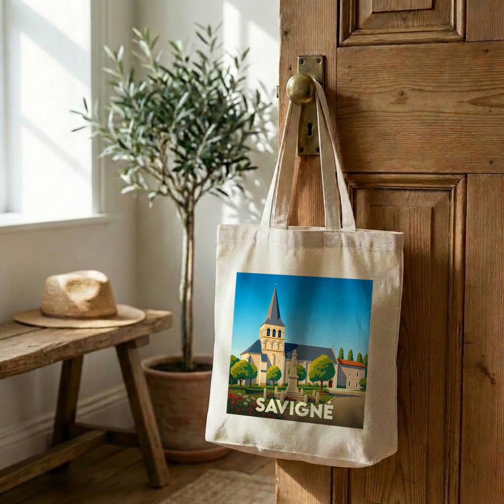 Tote bag souvenir de la ville de Savigné avec une illustration stylisée.
