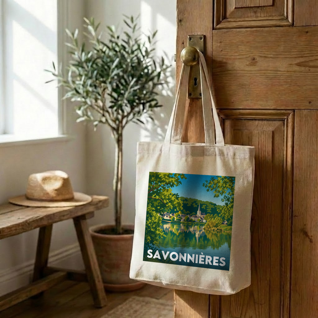 Tote bag souvenir de la ville de Savonnières avec une illustration stylisée.