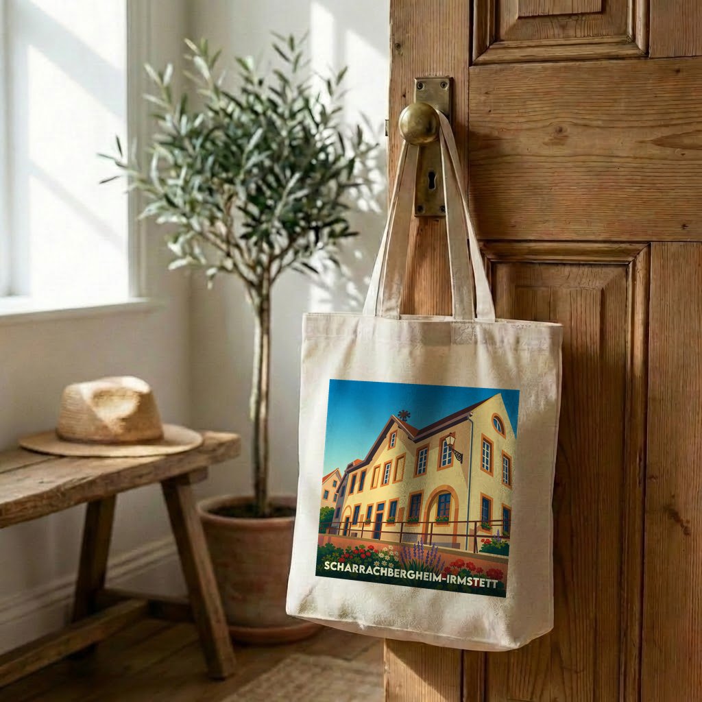 Tote bag souvenir de la ville de Scharrachbergheim-Irmstett avec une illustration stylisée.