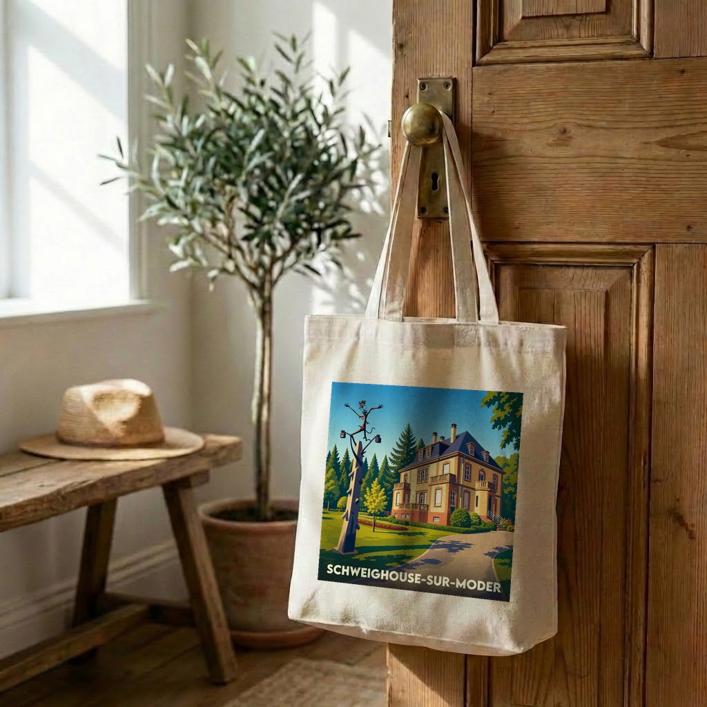 Tote bag souvenir de Schweighouse-sur-Moder avec une illustration colorée d'une demeure historique.