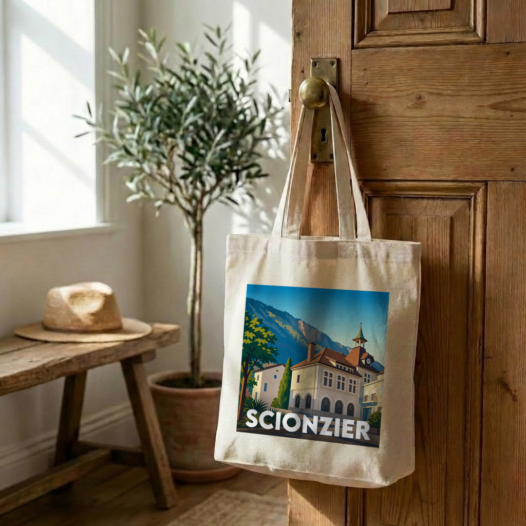 Tote bag souvenir de la ville de Scionzier avec une illustration stylisée.