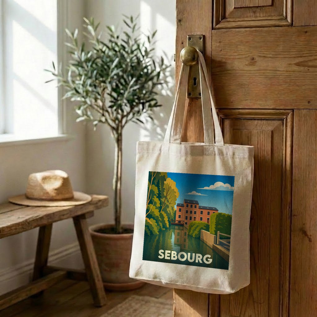 Tote bag souvenir de la ville de Sebourg avec une illustration stylisée d'un moulin au bord de l'eau.