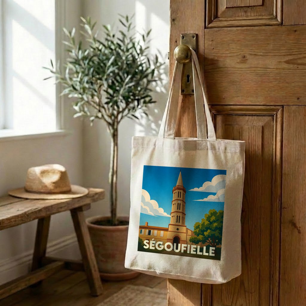 Tote bag souvenir de la ville de Ségoufielle avec une illustration stylisée de son église.