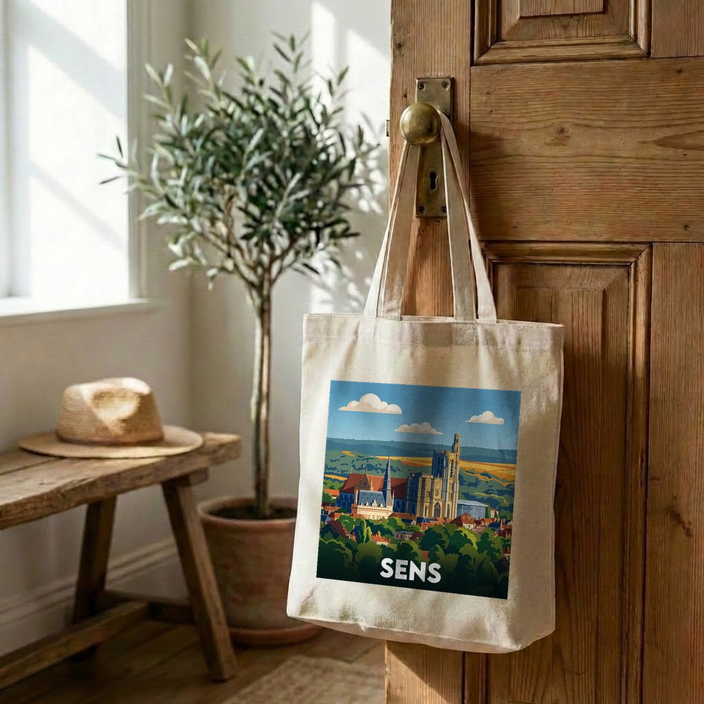 Tote bag souvenir de la ville de Sens avec une illustration stylisée.