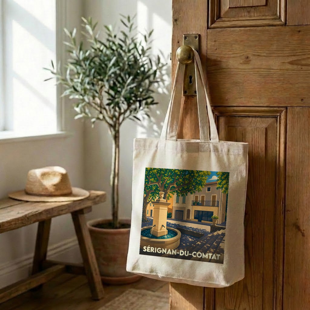 Sac tote bag souvenir de la ville de Sérignan-du-Comtat avec une illustration stylisée d'une fontaine provençale.
