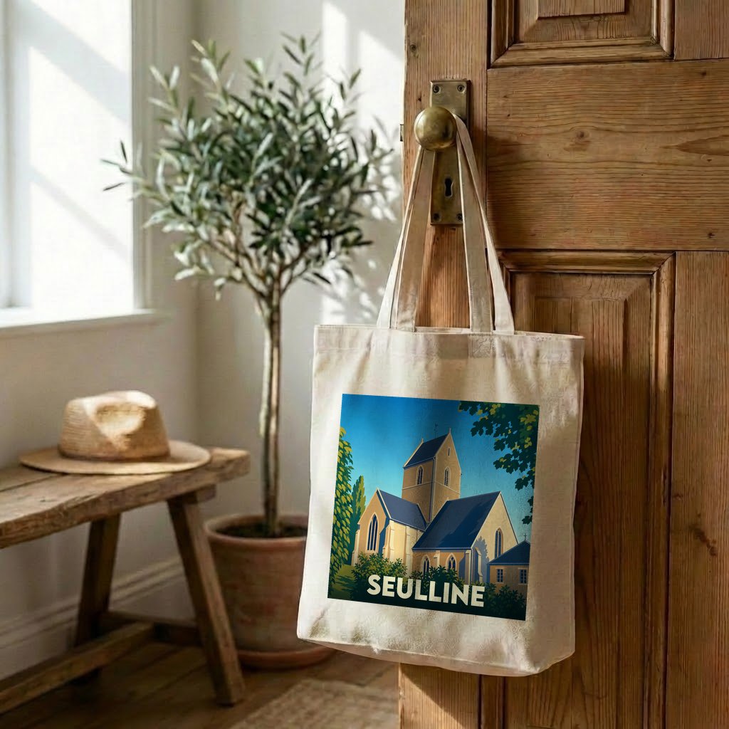 Tote bag souvenir de la ville de Seulline avec une illustration stylisée d'une église.