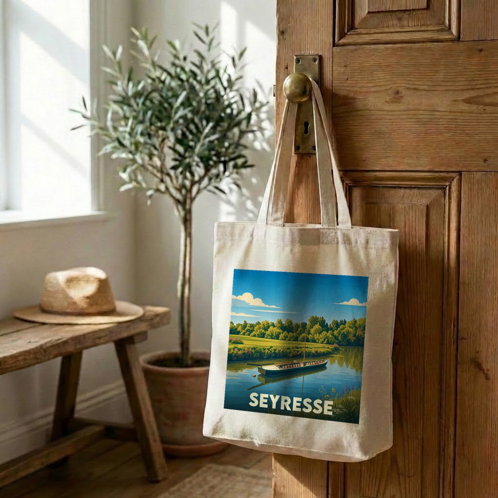 Tote bag souvenir de la ville de Seyresse avec une illustration de paysage champêtre au bord de l'eau.
