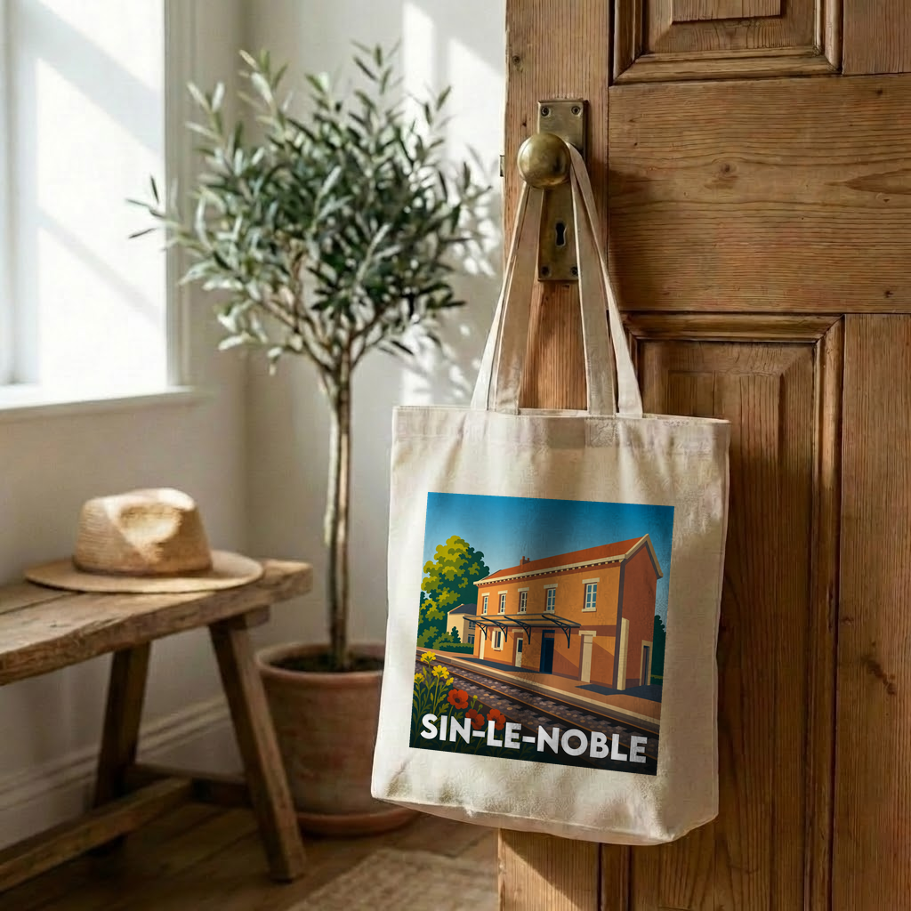 Tote bag souvenir de la ville de Sin-le-Noble avec une illustration stylisée de sa gare.