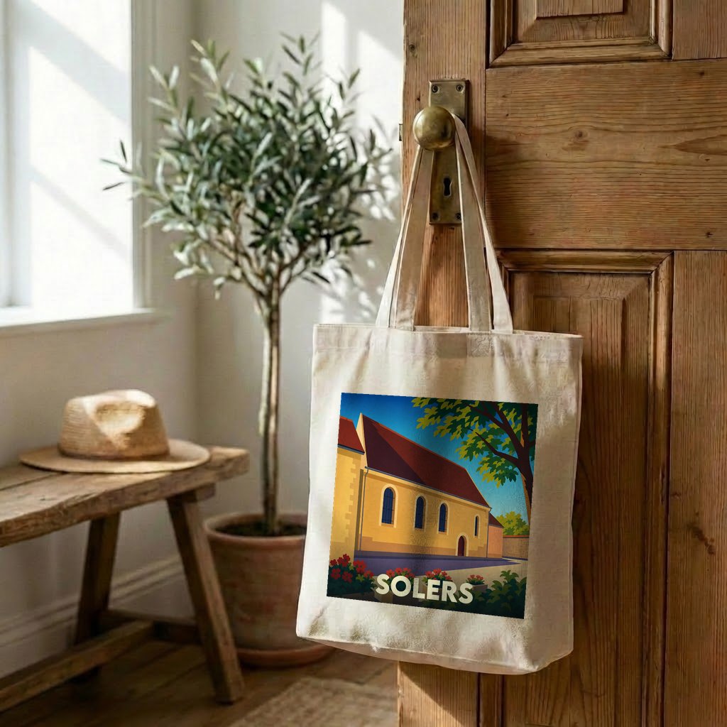 Tote bag souvenir de la ville de Solers avec une illustration stylisée.