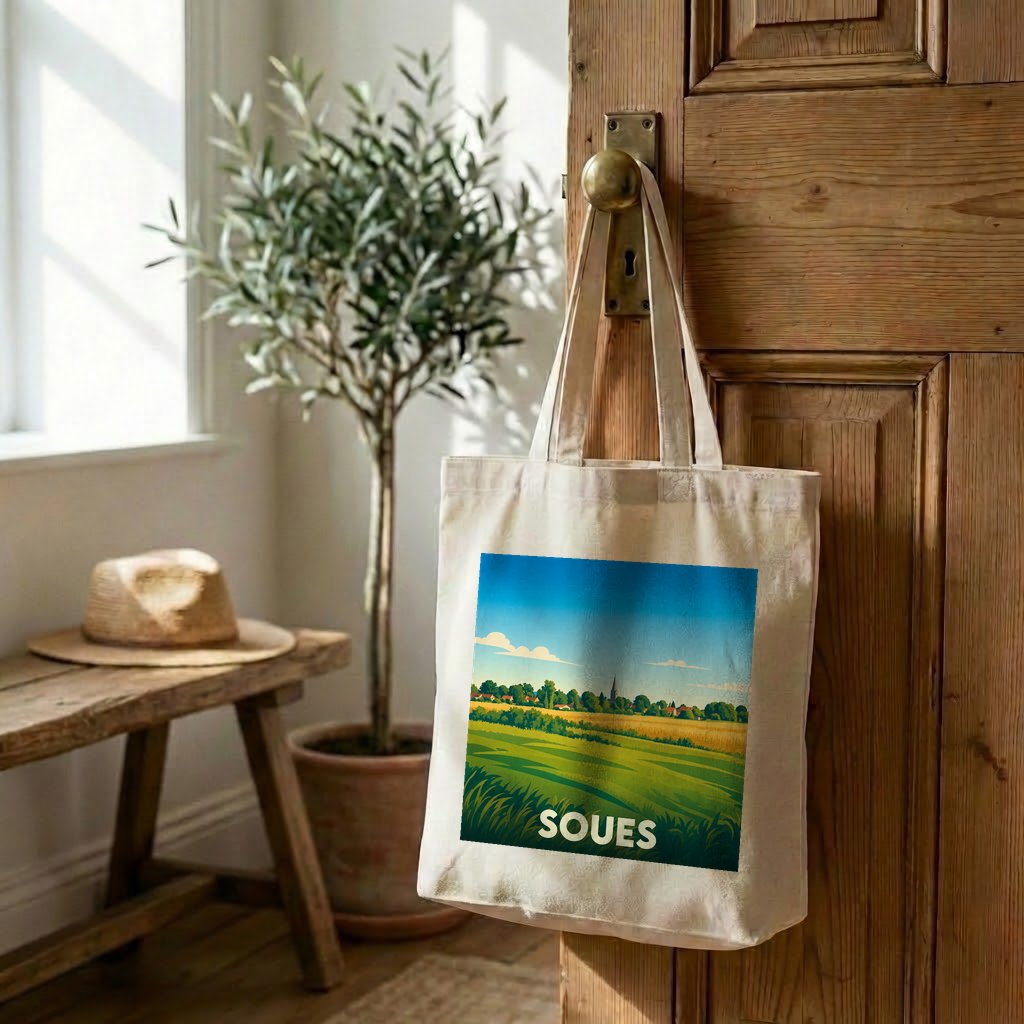 Tote bag souvenir de la ville de Soues avec une illustration de paysage champêtre stylisé.