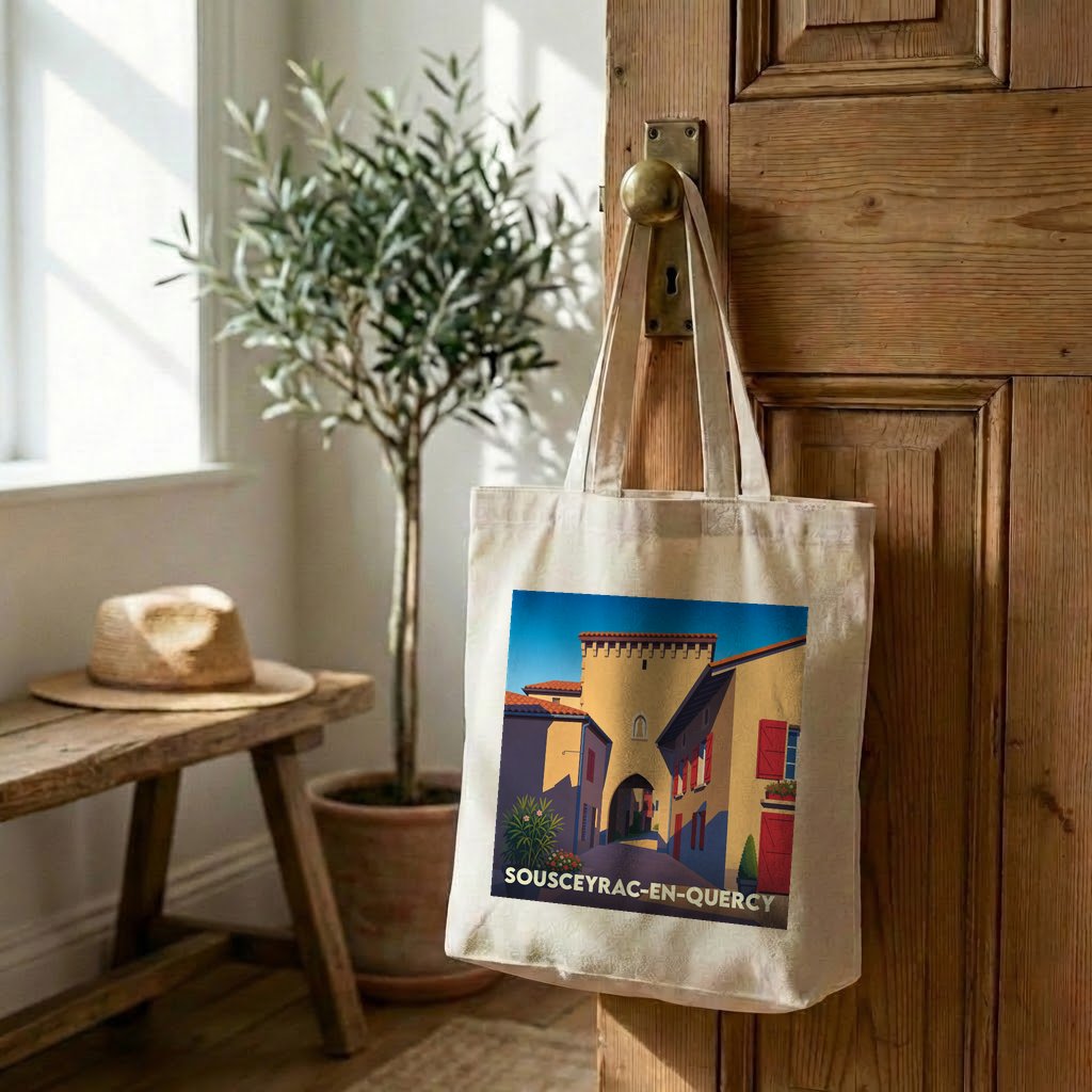 Tote bag souvenir de Sousceyrac-en-Quercy orné d'une illustration stylisée de la ville.