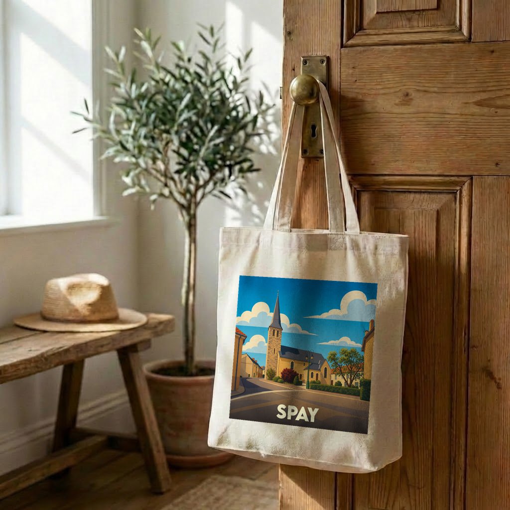 Tote bag souvenir de la ville de Spay avec une illustration stylisée d'une église sous un ciel nuageux.