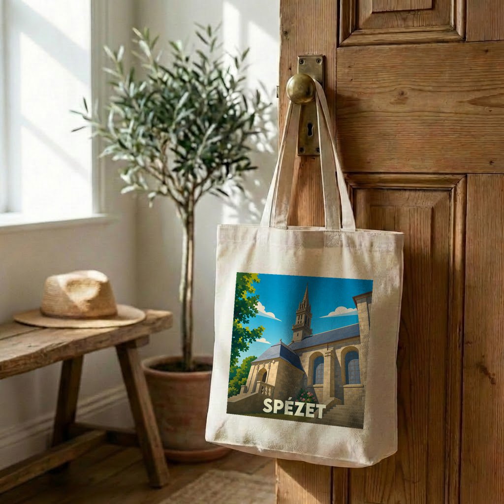 Tote bag souvenir de la ville de Spézet avec une illustration stylisée de son patrimoine.