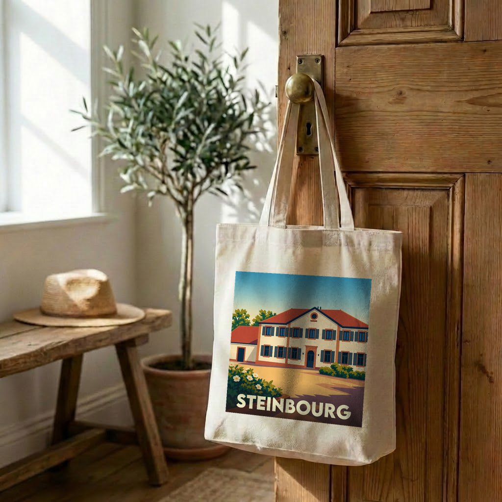 Tote bag souvenir de la ville de Steinbourg avec une illustration stylisée d'une maison traditionnelle.