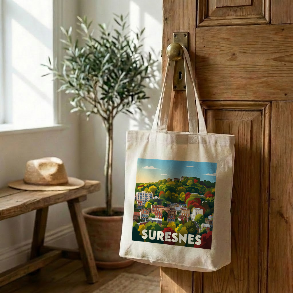 Tote bag souvenir de la ville de Suresnes avec une illustration stylisée.