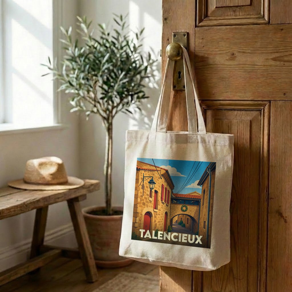 Tote bag souvenir de la ville de Talencieux avec une illustration stylisée d'une ruelle pittoresque.