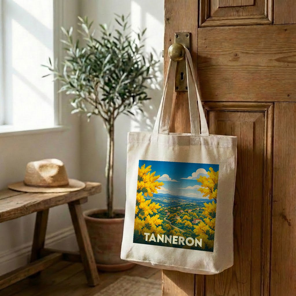 Tote bag souvenir de la ville de Tanneron avec une illustration stylisée de paysages de mimosas.