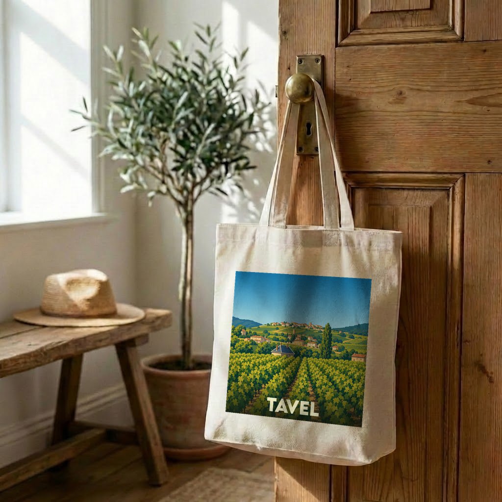 Tote bag souvenir de la ville de Tavel avec une illustration stylisée d'un vignoble.