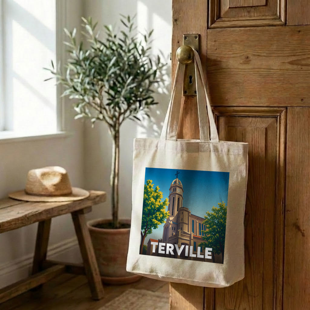 Tote bag souvenir de la ville de Terville avec une illustration stylisée d'une église.