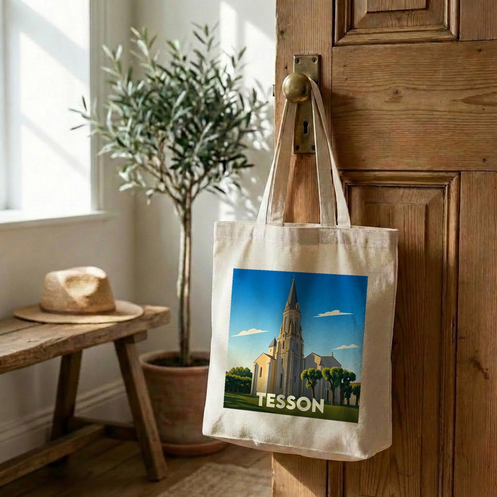 Tote bag souvenir de la ville de Tesson avec une illustration stylisée de son église.