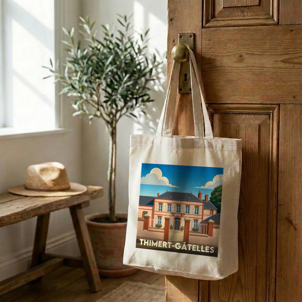 Tote bag souvenir de Thimert-Gâtelles illustré d'un dessin stylisé de sa mairie.