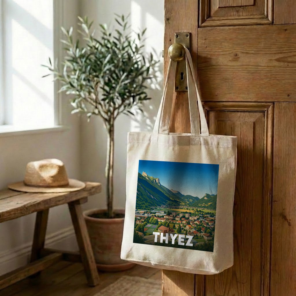 Tote bag souvenir de la ville de Thyez avec une illustration de paysage de montagne.