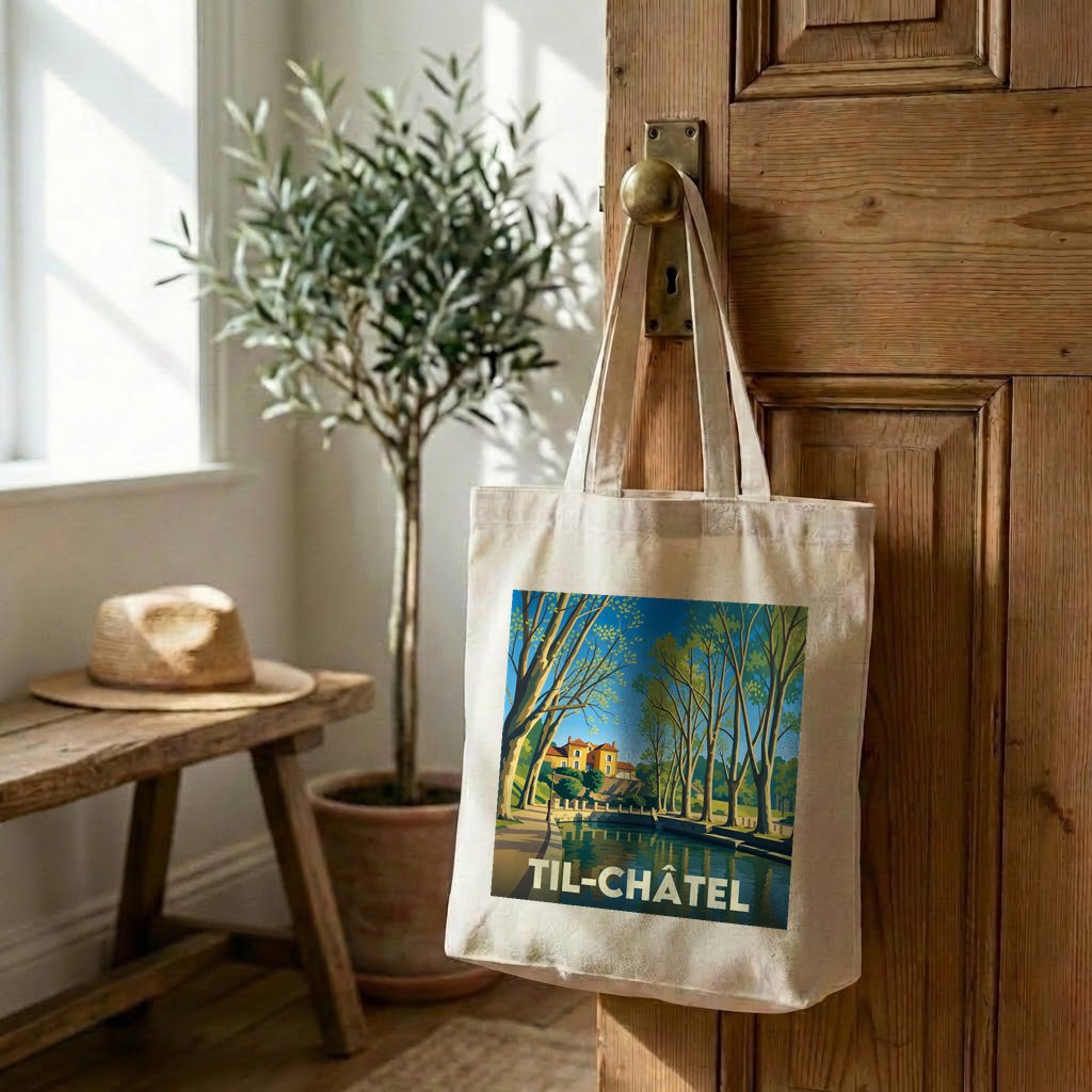Tote bag souvenir de la ville de Til-Châtel avec une illustration stylisée.