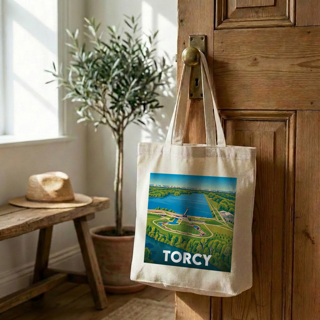Tote bag souvenir de la ville de Torcy avec une illustration stylisée.