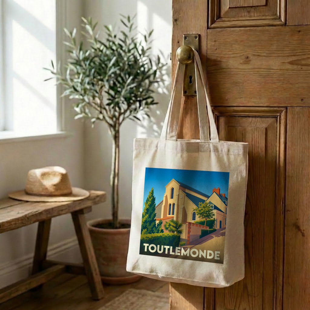 Tote bag souvenir de la ville de Toutlemonde avec une illustration stylisée.