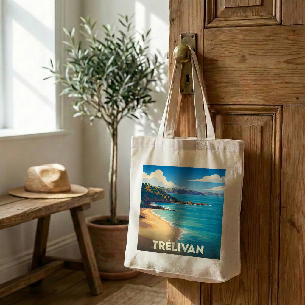 Sac cabas en toile souvenir de Trélivan orné d'une illustration côtière stylisée.
